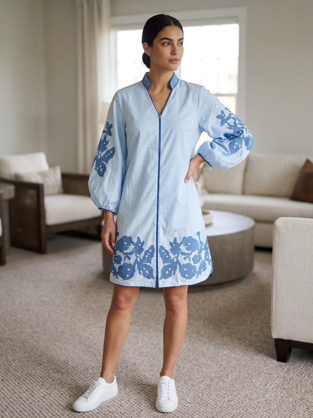 Embroidered Zip-Front Mini Shift Dress | Size Small (NWT)